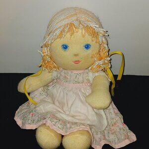Vintage Plush Soft girl Doll with-Embroidered Eyes, Yarn Hair- 1980's Style baby